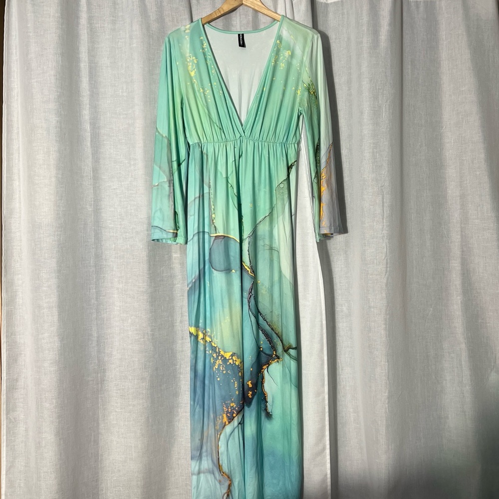 Artistic Aqua Long Sleeve Dress with Bell Sleeves